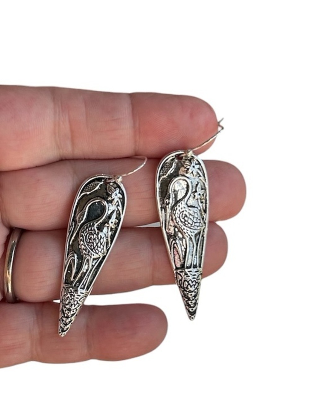 New Silver Crane Earrings, Dangle
